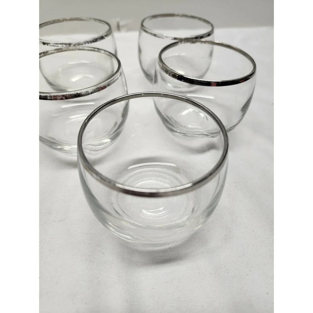 Vintage Mid Century Modern Silver Rim Roly Poly Rocks Glasses Set of 5 1950s 60s